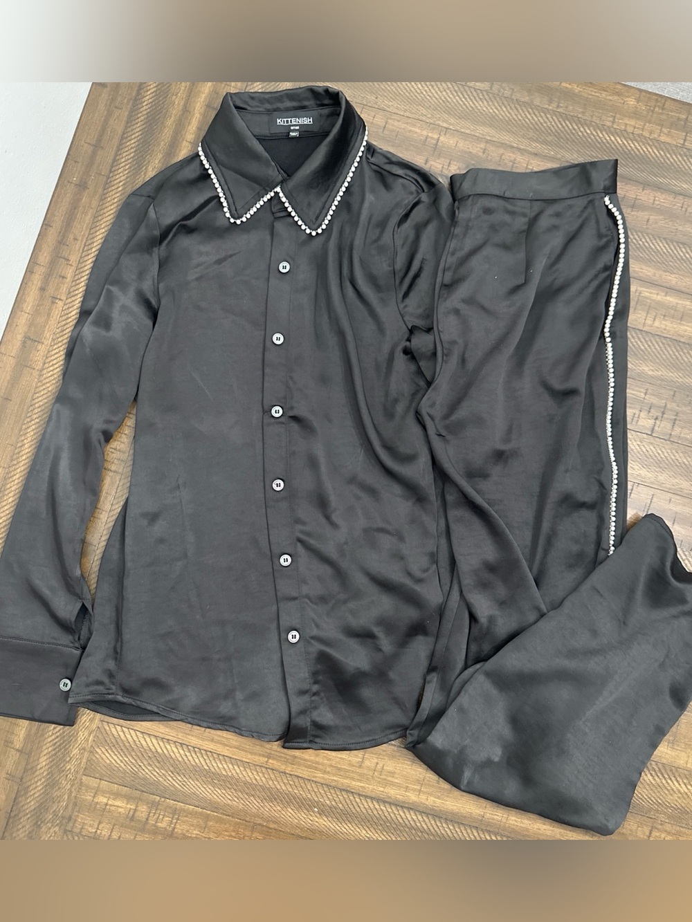 Kittenish Black Satin Pearl-Trim Button Shirt and Pants Set